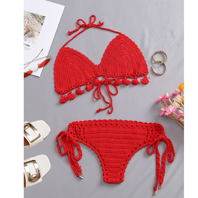 Damen Häkel-Bikini-Set mit fransigen Akzenten und verstellbaren Trägern