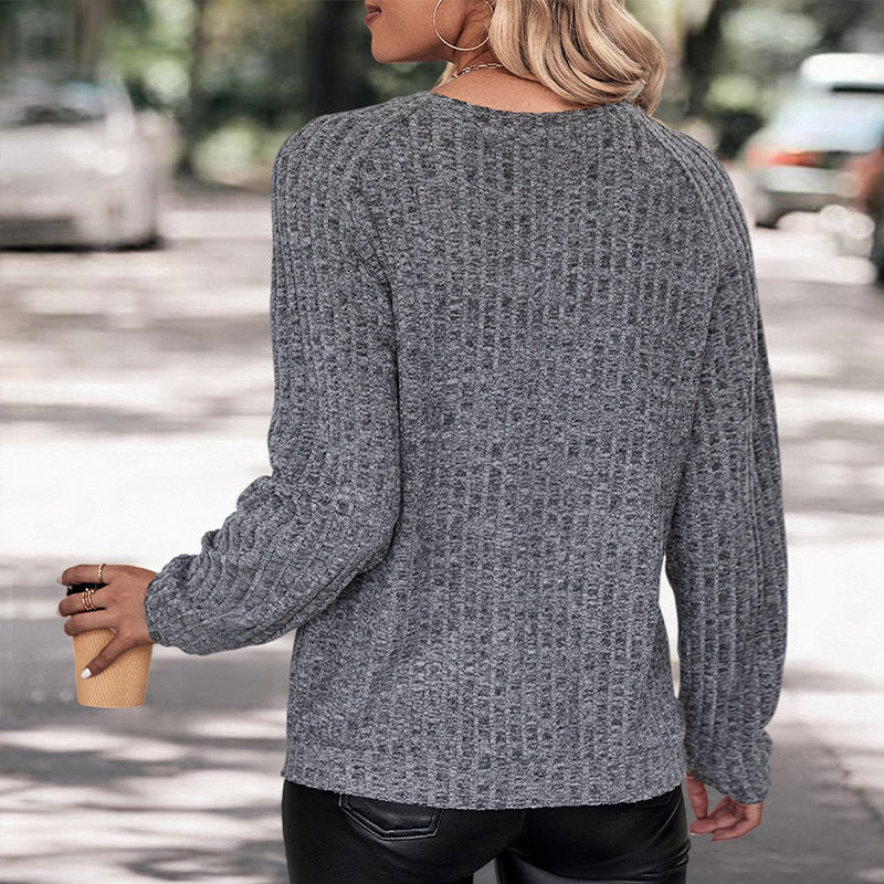 Damen Kurzschnittiger Strukturstrick-Pullover mit Rundhals und legerer Taille Nord Taschen