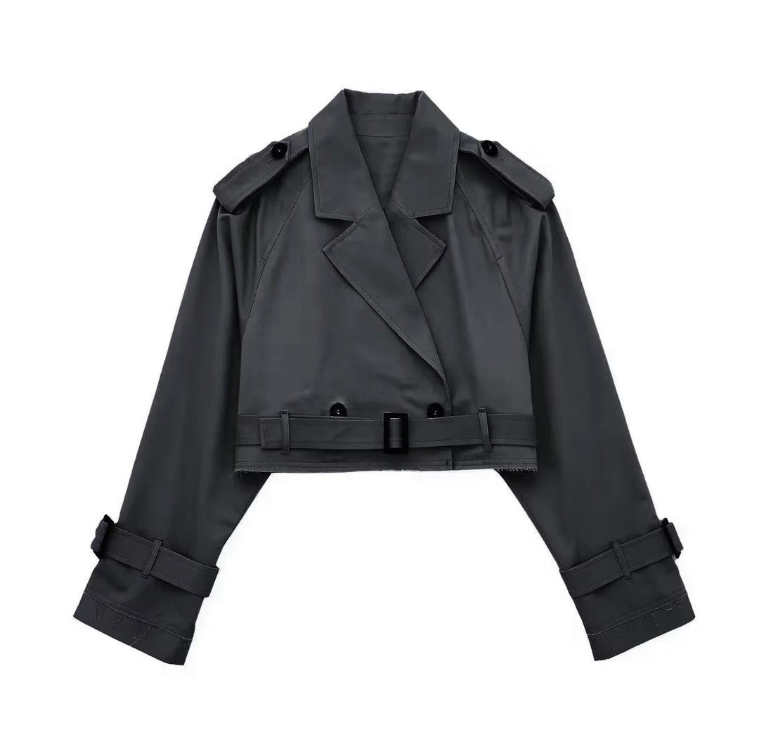 Damen kurzgeschnittene Trenchjacke mit Epauletten, Taillengürtel und verstellbaren Manschetten Nord Taschen