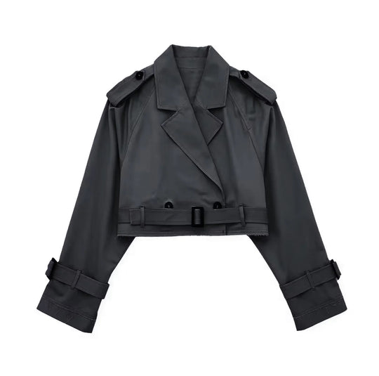 Damen kurzgeschnittene Trenchjacke mit Epauletten, Taillengürtel und verstellbaren Manschetten Nord Taschen