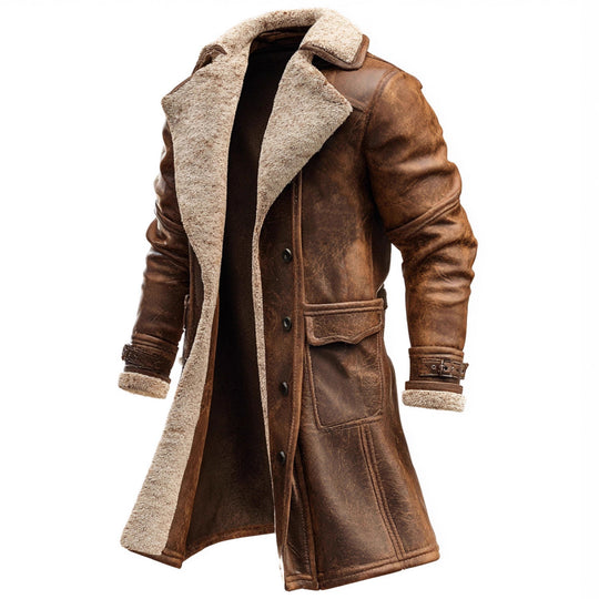 Herren Langer Vintage-Lederimitatmantel mit Teddyfutter und verstellbaren Schnallenmanschetten Nord Taschen