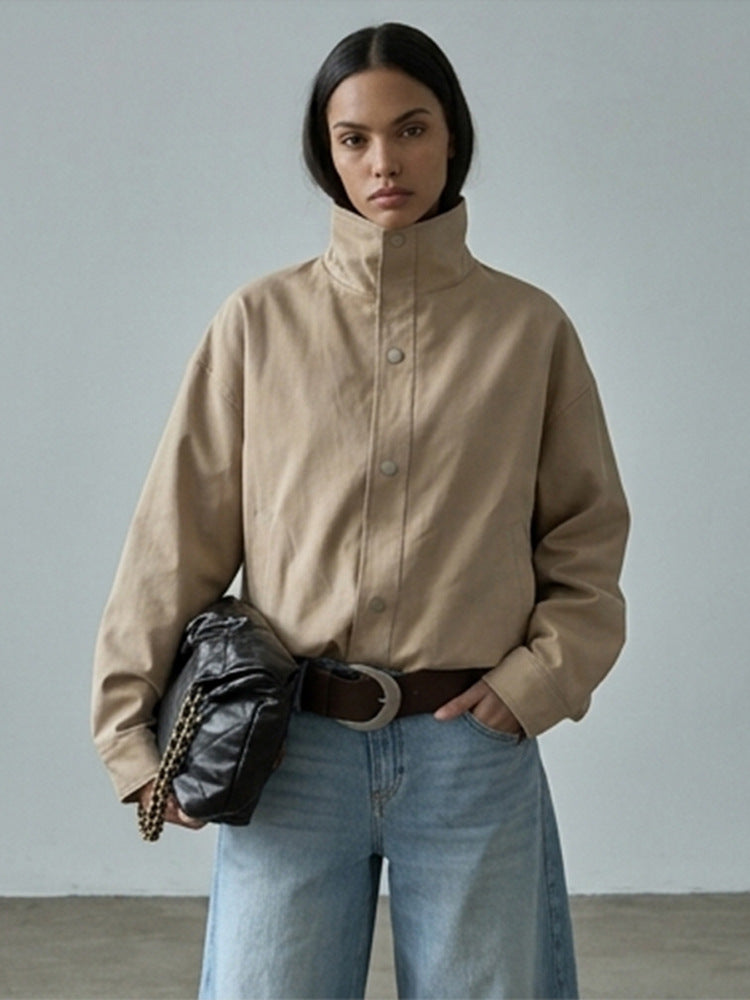 Damen Kurze kastige Canvasjacke mit hohem Stehkragen und Druckknopfleiste Nord Taschen
