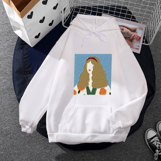 Damen nan Kapuzenpullover mit kunstvoller Chenille-Stickerei im Portraitstil und Kängurutasche Nord Taschen