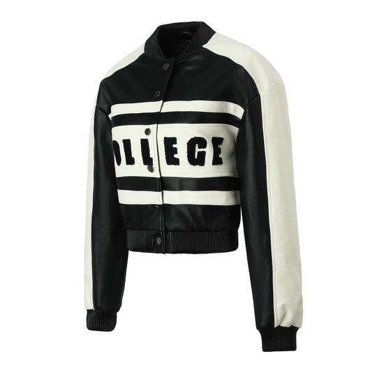 Damen Cropped College‑Bomberjacke aus Kunstleder mit kontrastierenden Streifen und Druckknöpfen Nord Taschen