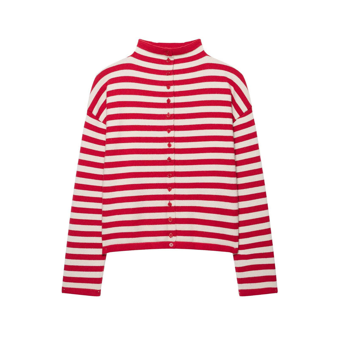 Damen Gestreifter Cropped-Strickcardigan mit Knopfleiste und Stehkragen Nord Taschen