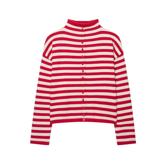Damen Gestreifter Cropped-Strickcardigan mit Knopfleiste und Stehkragen Nord Taschen