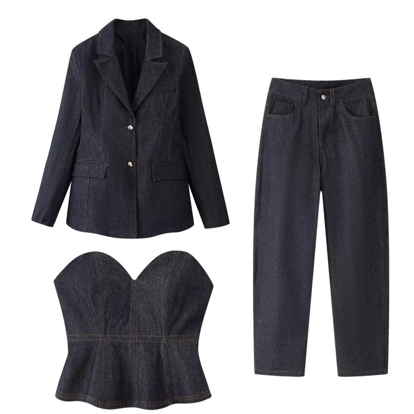 Damen 30+ dreiteiliges Denim-Set: taillierter Blazer, Taillen-Corsage & High-Waist-Jeans Nord Taschen