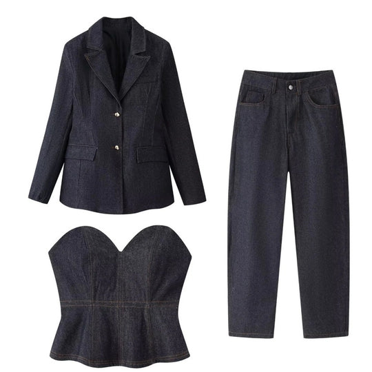 Damen 30+ dreiteiliges Denim-Set: taillierter Blazer, Taillen-Corsage & High-Waist-Jeans Nord Taschen