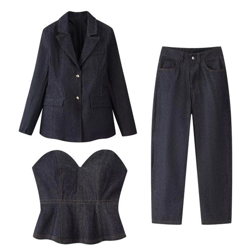 Damen 30+ dreiteiliges Denim-Set: taillierter Blazer, Taillen-Corsage & High-Waist-Jeans Nord Taschen