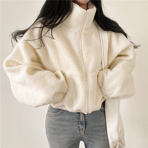 Damen kuschelige Fleece-Jacke mit hohem Kragen und Reißverschluss