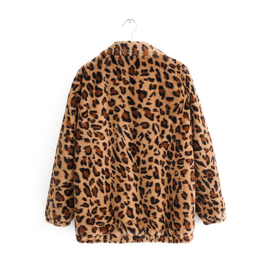 Damen Kunstfelljacke mit Leopardenmuster, durchgehendem Reißverschluss und elastischem Saum Nord Taschen