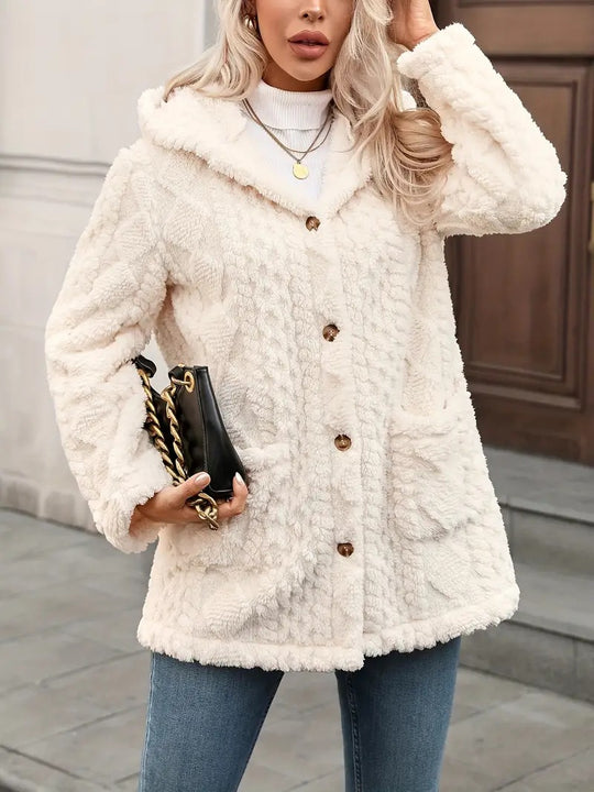 Damen Kuschelige Teddyjacke mit Kapuze, Knopfleiste und aufgesetzten Taschen Nord Taschen