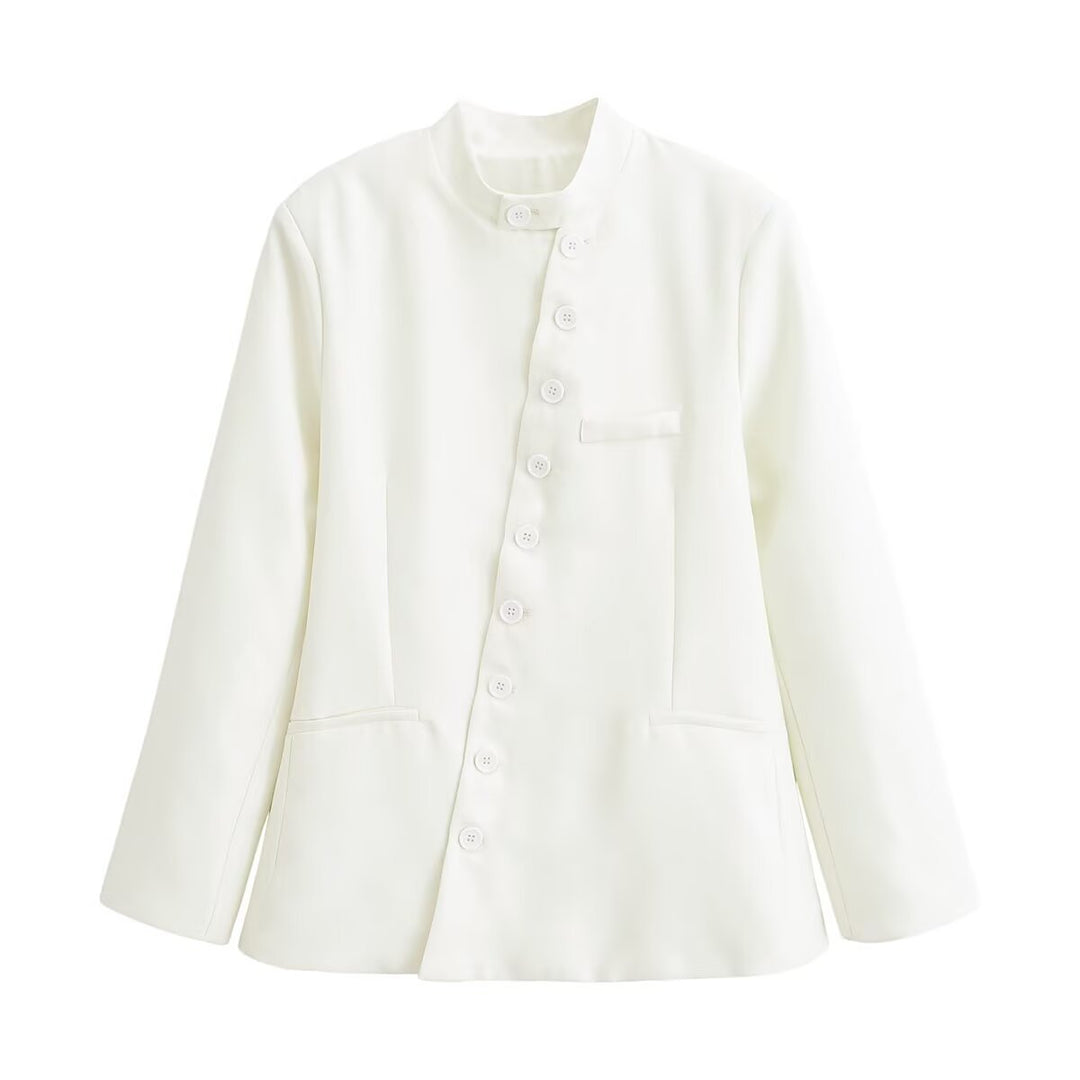 Damen Taillierte Blazer‑Jacke mit Stehkragen, asymmetrischer Knopfleiste und Eingrifftaschen Nord Taschen