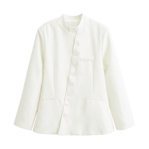 Damen Taillierte Blazer‑Jacke mit Stehkragen, asymmetrischer Knopfleiste und Eingrifftaschen Nord Taschen