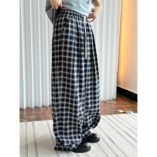 Damen Weite Karierte High-Waist Baggy-Hose mit Tunnelzug Nord Taschen