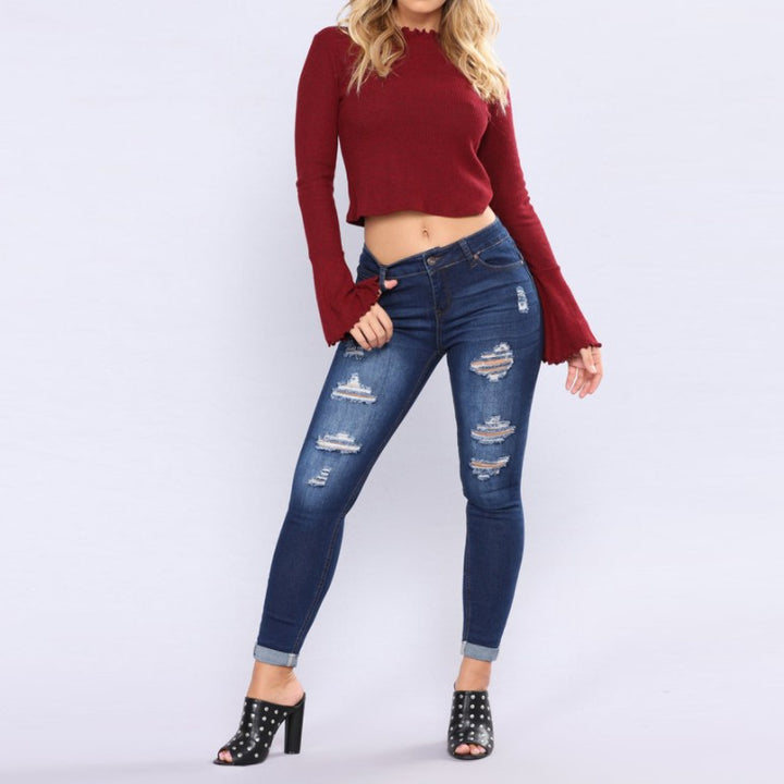 Damen hochgeschnittene Skinny-Jeans mit Destroyed-Details und umgeschlagenem Knöchelabschluss Nord Taschen