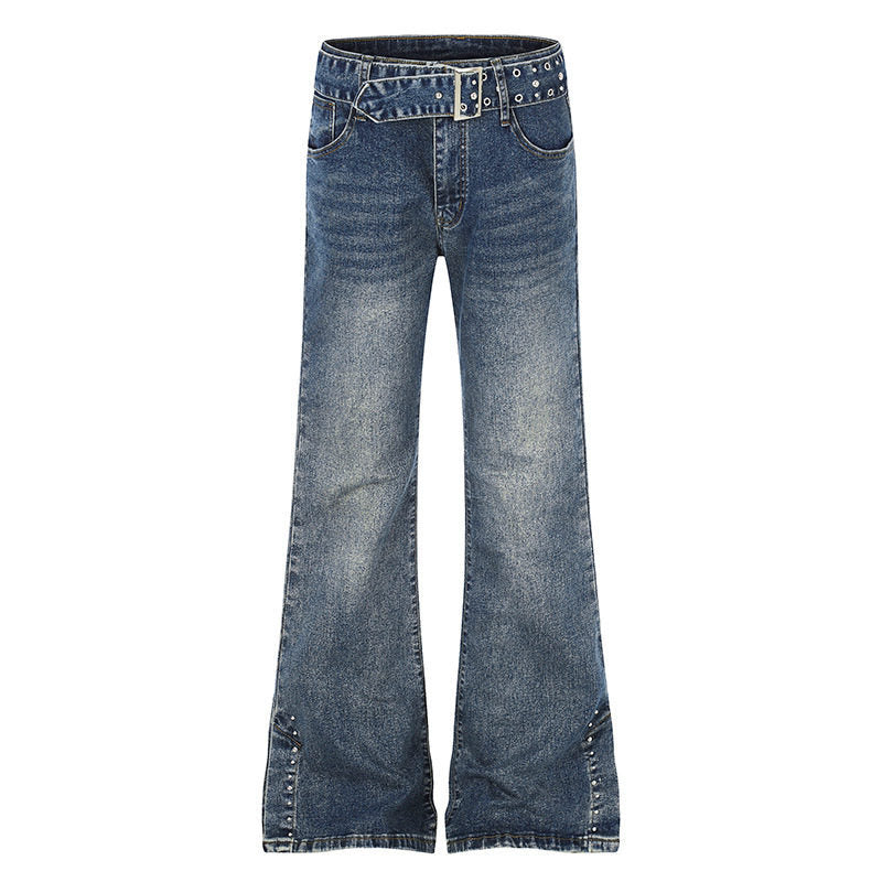 Damen High-Waist Flared-Denimjeans mit Nietenbesatz, weitem Schlag und Ziergürtel Nord Taschen
