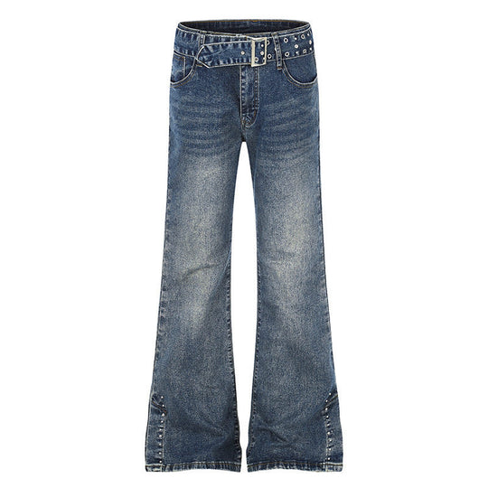 Damen High-Waist Flared-Denimjeans mit Nietenbesatz, weitem Schlag und Ziergürtel Nord Taschen