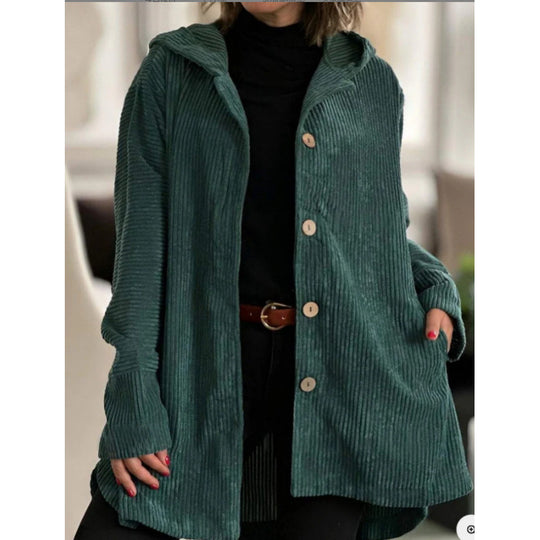 Damen Langer Kapuzen-Strickcardigan mit Rippenstruktur, Knopfleiste und Seitentaschen Nord Taschen