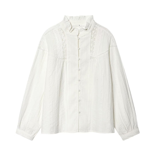 Damen Lockeres Vintage-Bluse mit Stehkragen, Spitzeinsätzen und Ballonärmeln Nord Taschen