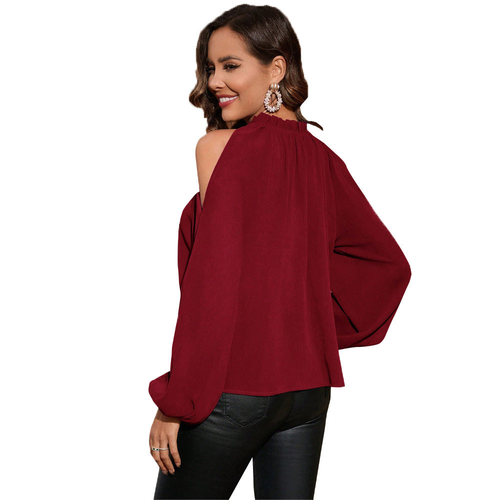 Damen schulterfreies Chiffon-Blusenshirt mit gerafftem Stehkragen und Ballonärmeln Nord Taschen