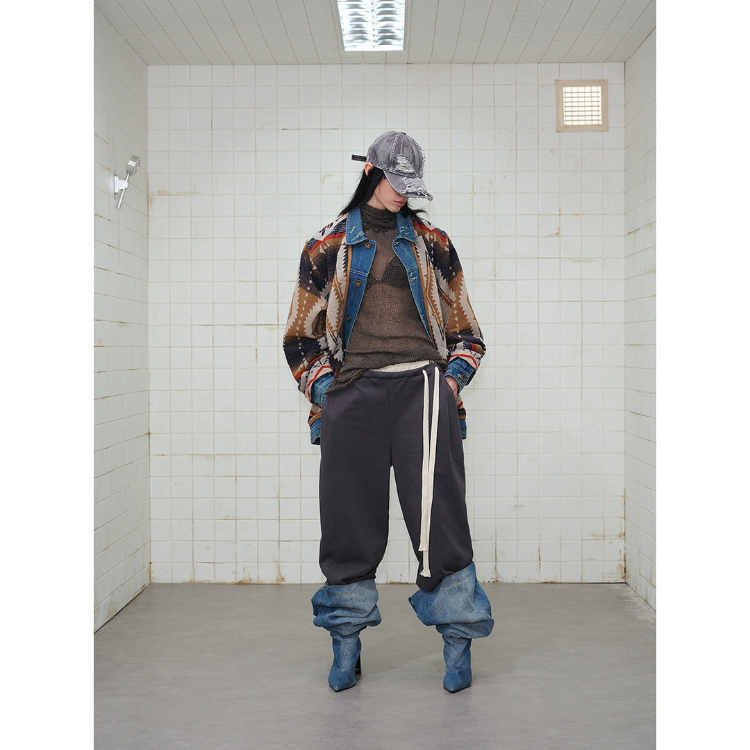 Unisex Weit geschnittene Jacquard-Linerjacke mit Denim-Besatz und grafischem Ethno-Muster Nord Taschen