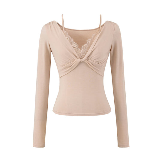 Damen Figurbetontes Langarm-Top mit Twist-Detail, Spitzeneinsatz und V-Ausschnitt Nord Taschen