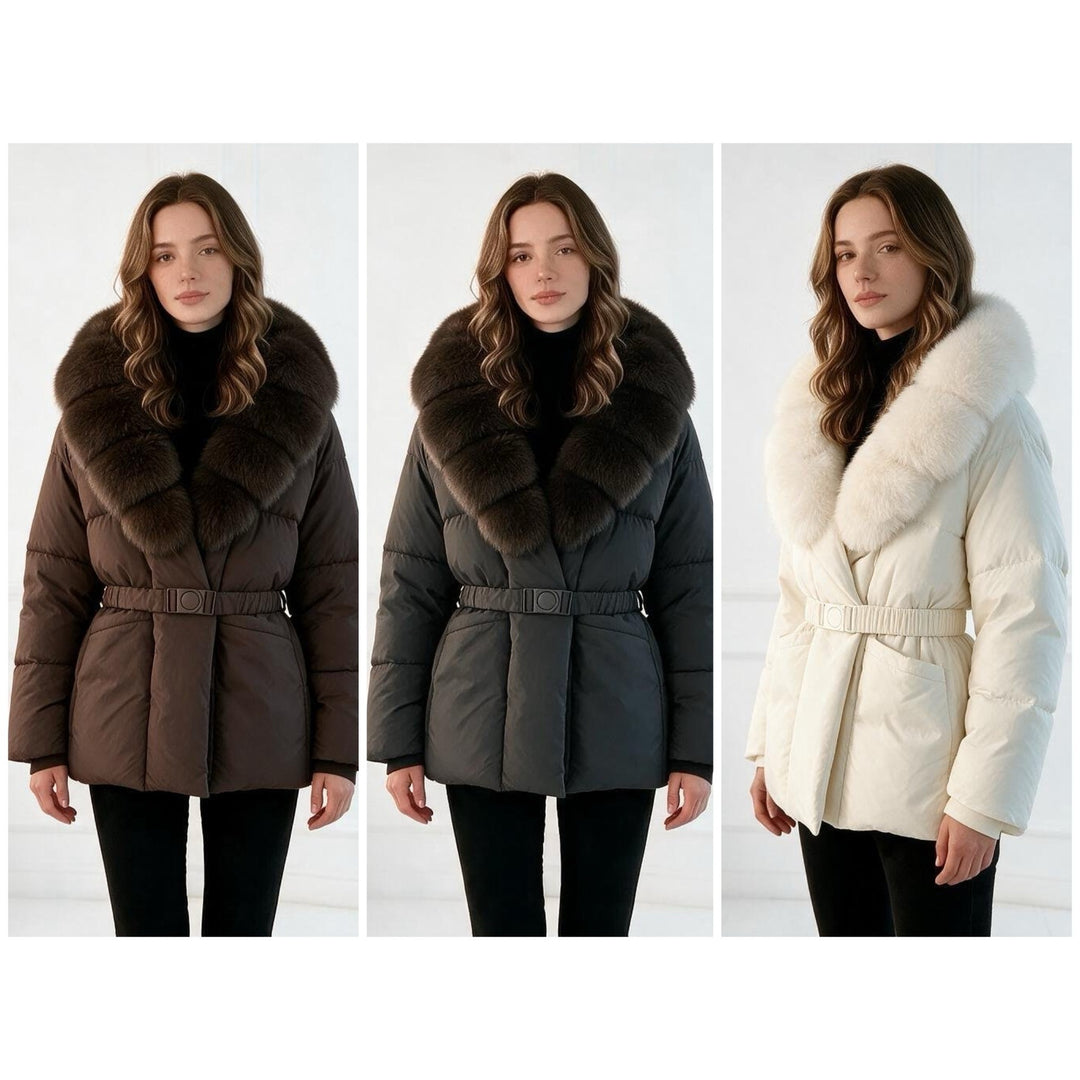 Damen nan taillierte Steppjacke mit übergroßem Webpelzkragen, taillierendem Gürtel und wärmender Thermofüllung Nord Taschen