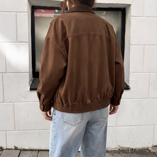 Damen Kurzjacke aus Wildlederimitat mit Cordkragen, Reißverschluss & Pattentaschen Nord Taschen