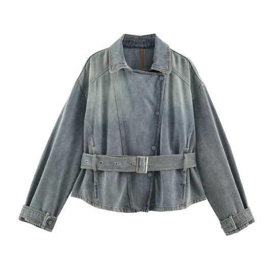 Damen Jeansjacke mit Taillengürtel und asymmetrischer Druckknopfleiste Nord Taschen