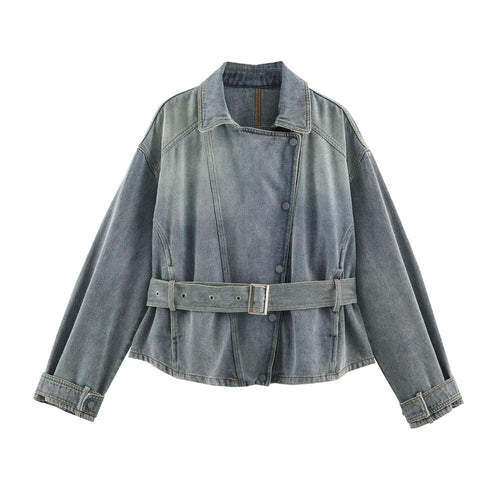 Damen Jeansjacke mit Taillengürtel und asymmetrischer Druckknopfleiste Nord Taschen