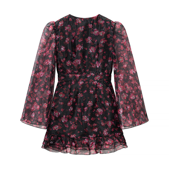 Damen Florales Chiffon-Minikleid mit tiefem V‑Ausschnitt, Rüschenstufen und Trompetenärmeln Nord Taschen