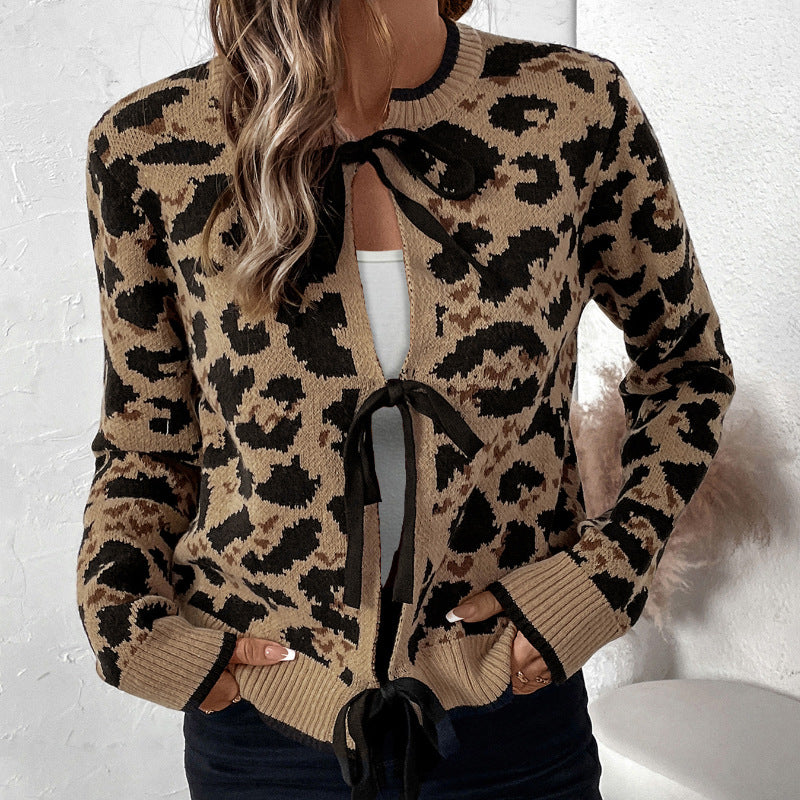 Damen Leopardmuster Strickcardigan mit Bindeschleifen und gerippten Bündchen Nord Taschen