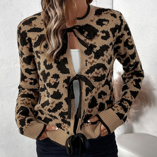 Damen Leopardmuster Strickcardigan mit Bindeschleifen und gerippten Bündchen Nord Taschen