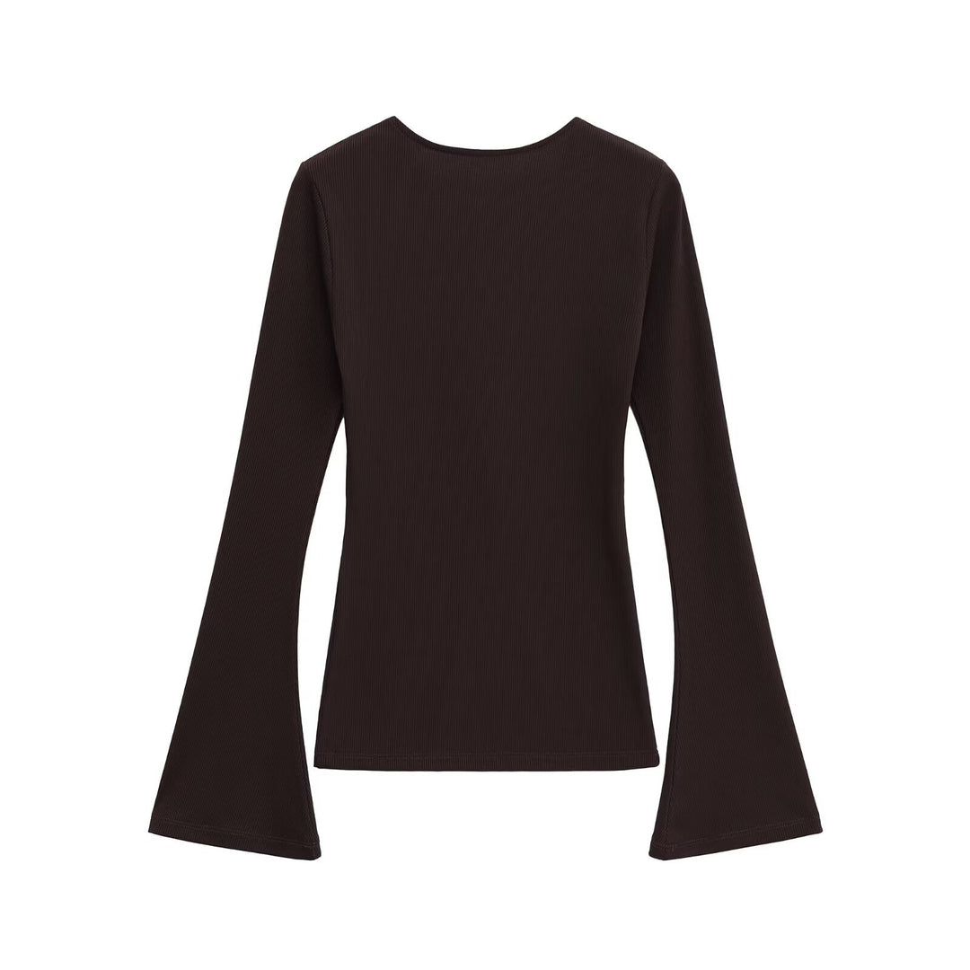 Damen Figurbetontes Rippshirt mit Carmenausschnitt und ausgestellten Schlagärmeln Nord Taschen