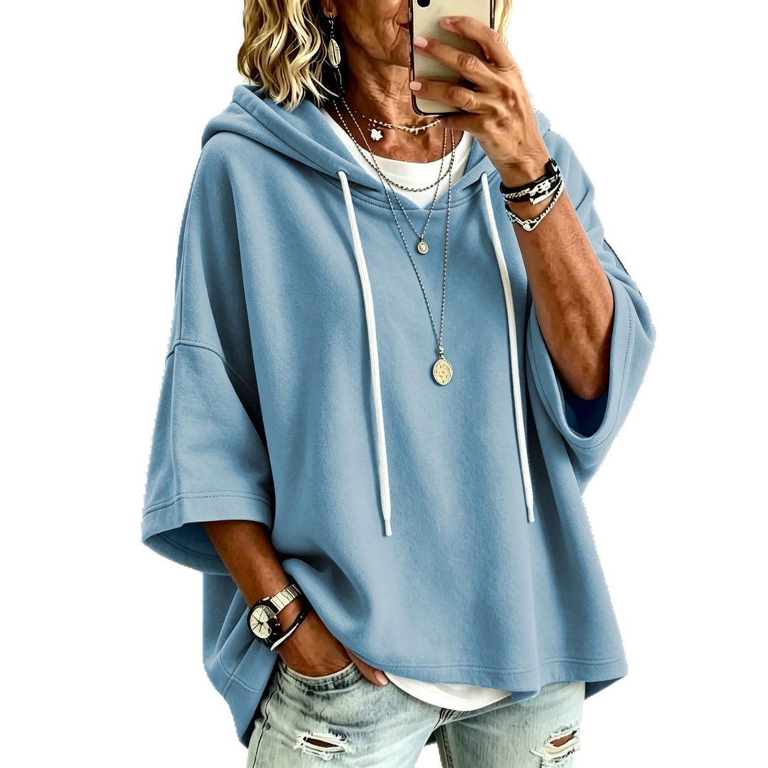 Damen Kurzarm-Oversize-Hoodie mit Kapuze und Kontrastkordel Nord Taschen