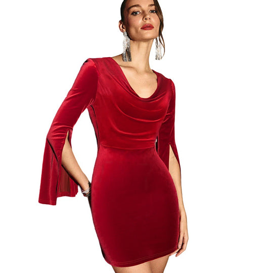 Damen Samt-Minikleid mit Cowl-Ausschnitt, taillierter Bodycon-Silhouette und geschlitzten Glockenärmeln Nord Taschen