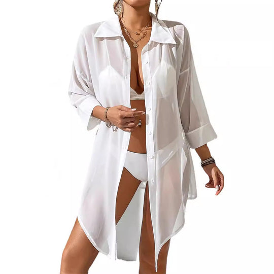 Damen lässige Strandbluse aus transparentem Stoff mit Knopfverschluss
