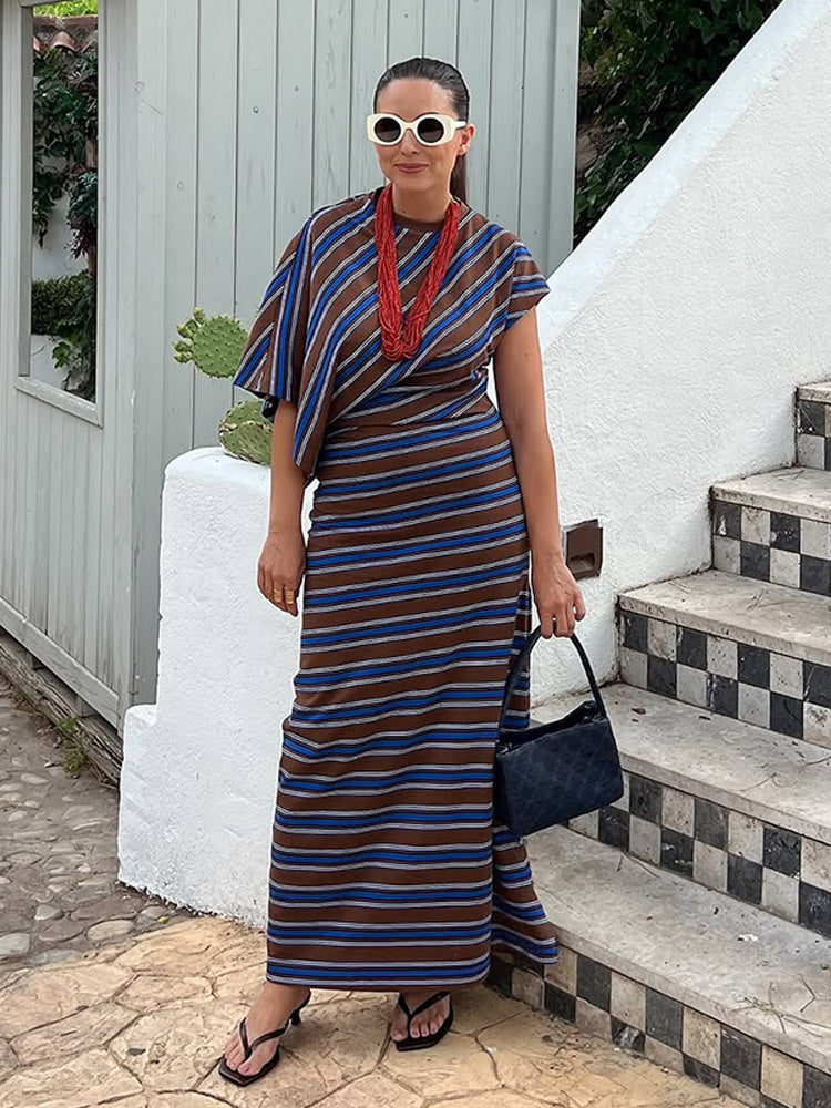 Damen Gestreiftes Maxikleid mit asymmetrischer Cape-Ärmelung & taillierter Silhouette Nord Taschen