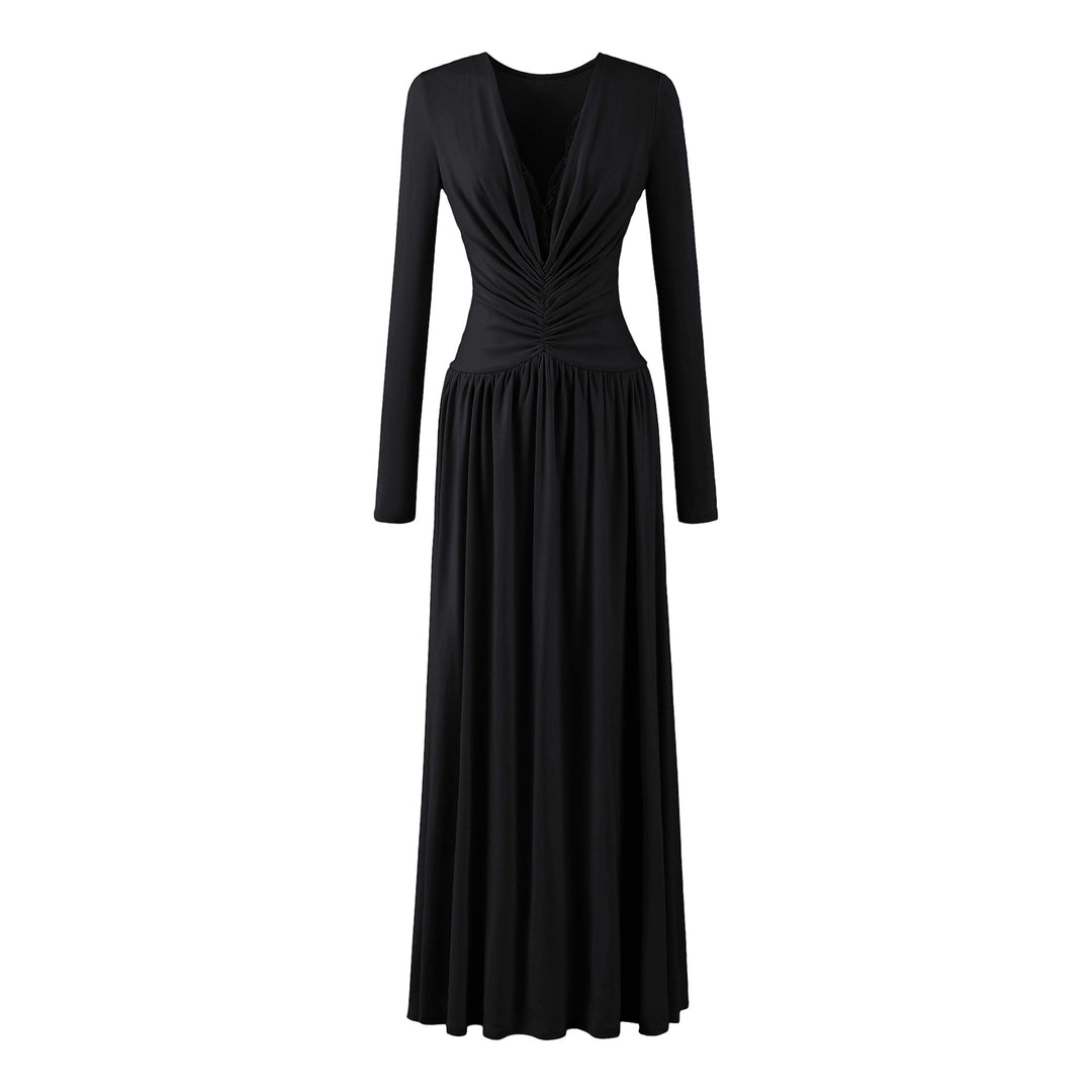 Damen Maxikleid mit gerafftem Wickeloberteil, tiefem V‑Ausschnitt und Spitzenbesatz Nord Taschen