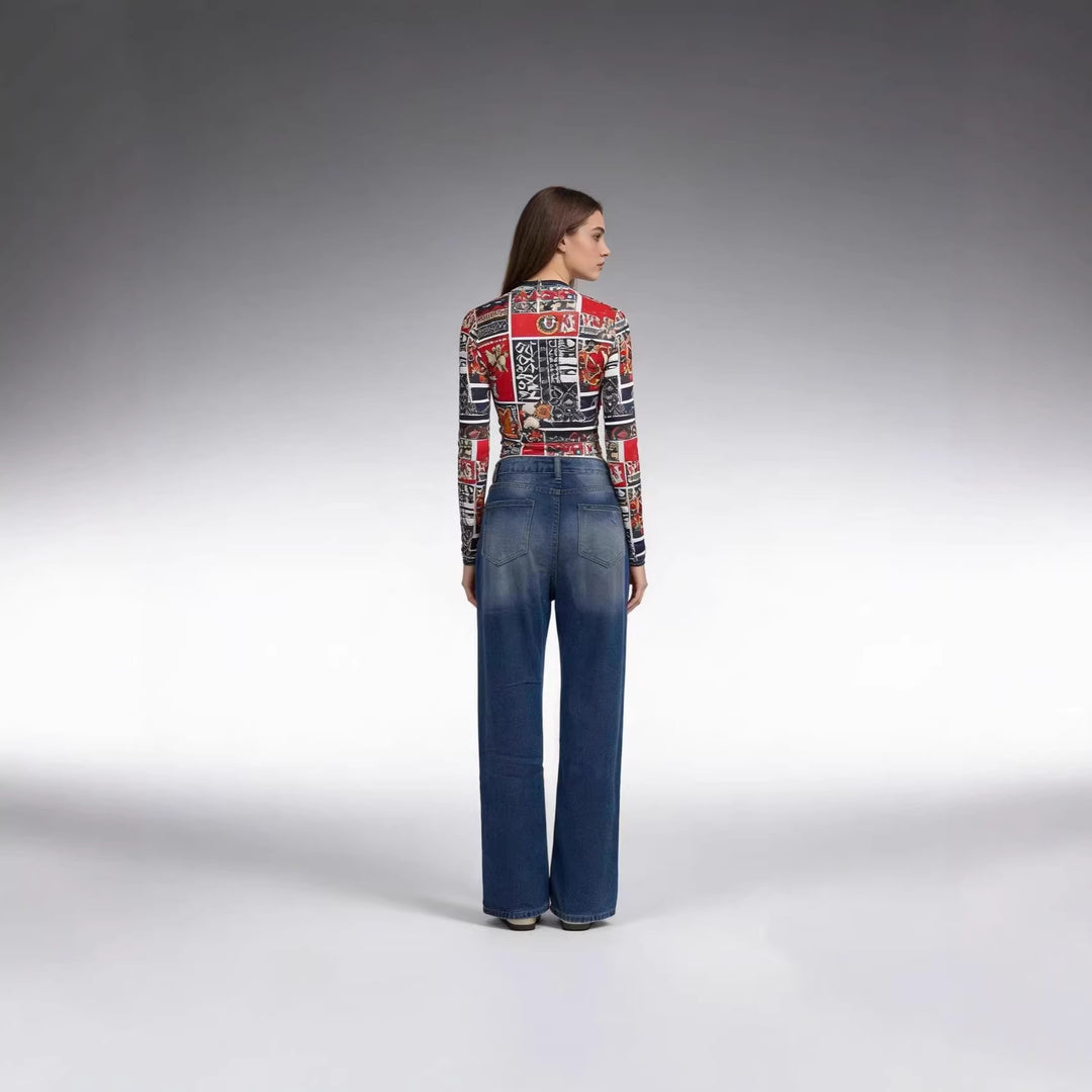 Damen hochgeschnittene Relaxed-Jeans mit weitem Bein, Knie-Rips und rohem Saum Nord Taschen