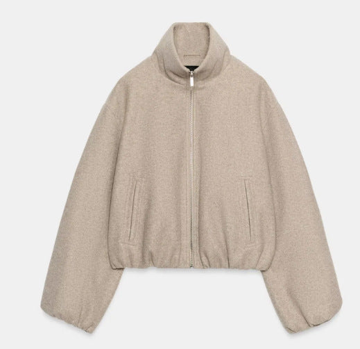 Damen Kurz geschnittene Bouclé‑Blousonjacke mit Stehkragen, elastischem Saum und Ballonärmeln Nord Taschen