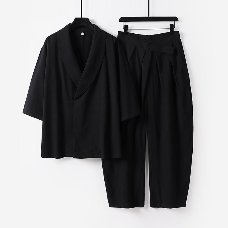 Damen Zweiteiliges Kimono-Loungewear-Set mit Schalkragen Kurzarm-Oberteil und hochtaillierter Plissee-Hose Nord Taschen