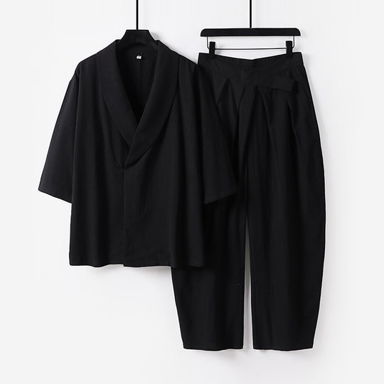 Damen Zweiteiliges Kimono-Loungewear-Set mit Schalkragen Kurzarm-Oberteil und hochtaillierter Plissee-Hose Nord Taschen