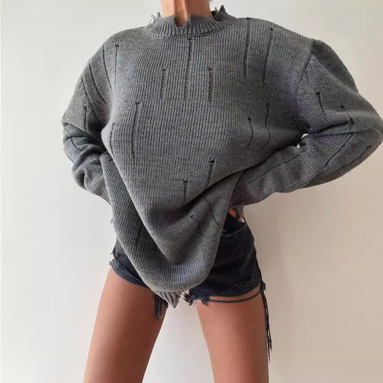 Damen Oversized Grobstrickpullover mit Distressed-Details und geripptem Saum Nord Taschen
