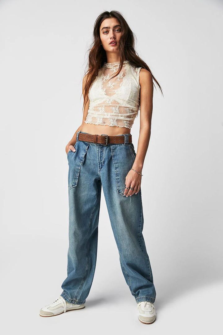 Damen weite High-Waist Baggy-Jeans mit tiefem Schritt, Five-Pocket Design und extra-langen Beinen Nord Taschen