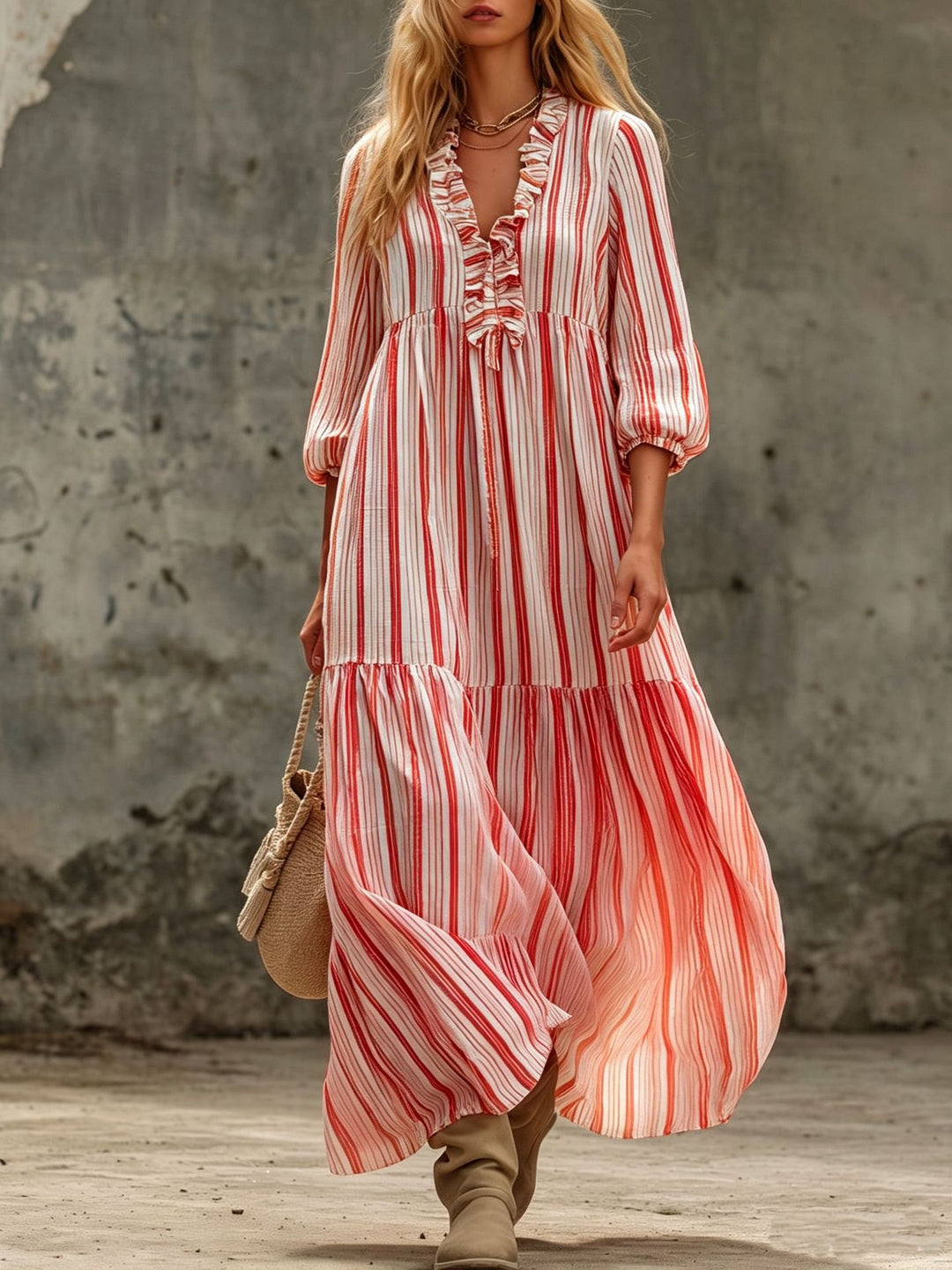 Damen Maxikleid mit Rüschen-V-Ausschnitt und Ballonärmeln Nord Taschen