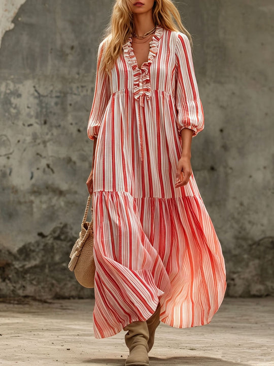 Damen Maxikleid mit Rüschen-V-Ausschnitt und Ballonärmeln Nord Taschen