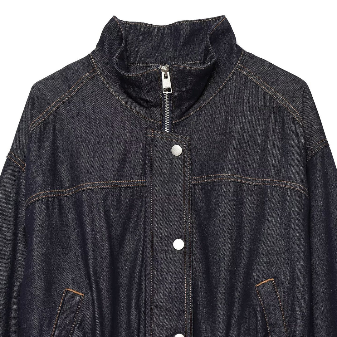 Damen Cropped Jeansjacke mit Taillengürtel, Stehkragen und Ballonärmeln Nord Taschen