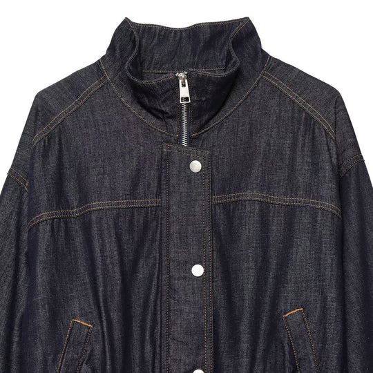 Damen Cropped Jeansjacke mit Taillengürtel, Stehkragen und Ballonärmeln Nord Taschen